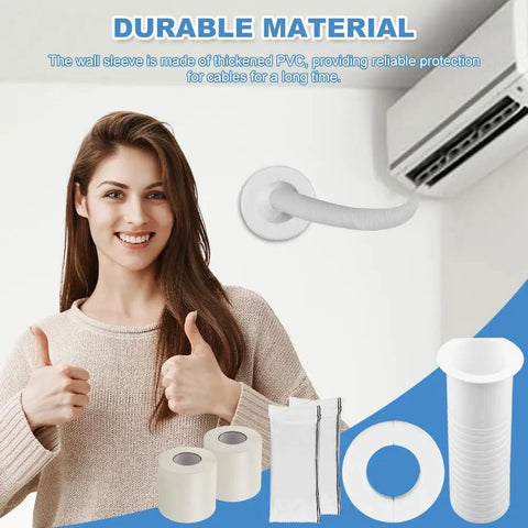 All In One Mini Split Line Set Cover And Wall Sleeve Combo Kit For Outside AC Units With Rapid Bond Tape and Solid Wall Insert, showcasing PVC wall sleeve and installation materials.