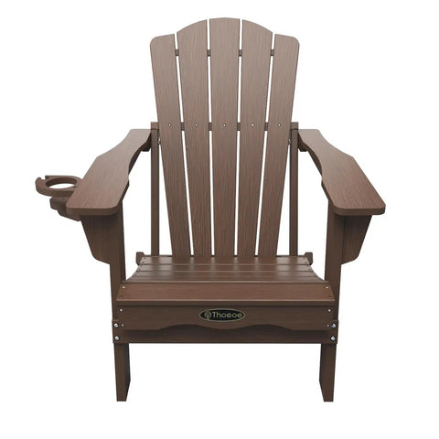 Set Of 2 Folding Adirondack Chairs With Cup Holder HDPE Wood Grain Finish All Weather Outdoor Patio Chairs For Deck Backyard Garden Lawn Brown