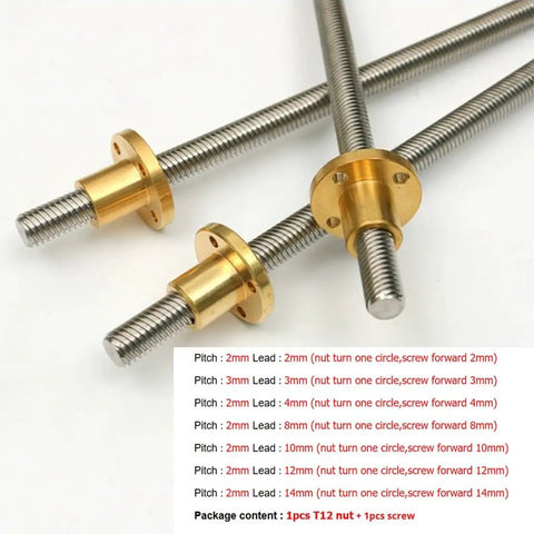 Lead Screw 12mm Diameter Stainless Steel 304 With Copper Nut For 3D Printers CNC Machines And Engraving Tools Multiple Lead Options 2mm 3mm 4mm 8mm 10mm 12mm 14mm 20mm Lengths From 100 To 1000mm