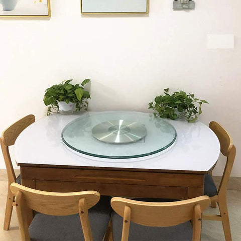 Heavy Duty Tempered Glass Lazy Susan Turntable with No Slip Feet for Stable Serving on dining table.