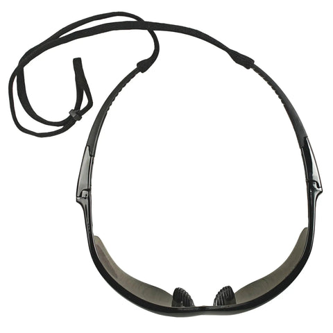 Nemesis Vision Correction Safety Sunglasses With 1.5 Diopters, Black Frame, Smoke Lenses, neck cord visible