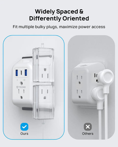 Image showing 5 Outlet USB Wall Plug Extender With USB C Port And 1440J Surge Protector compared to a standard plug adapter.