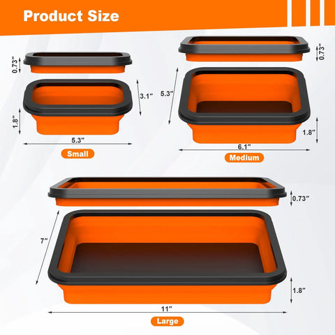 Heavy Duty Foldable Magnetic Parts Organizer With Three Silicone Trays For Bolts Nuts Washers And Small Tools shown in various sizes