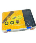 Pro Grade Universal Fuel Injector Repair Kit Set For Electronic Fuel Injection Systems in clear plastic case with colorful labels