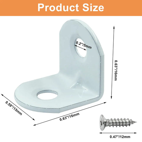 Forty Piece Heavy Duty White L Bracket Corner Brace Kit With Screws Solid Metal Right Angle Mounting Hardware For Shelving Tasks close-up with size dimensions