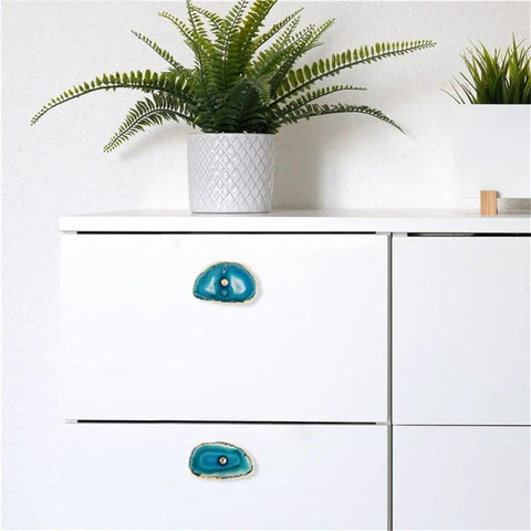 Real Deal Agate Stone Drawer Pulls With Sparkling Gold Plated Borders for quick screw install on white drawers.