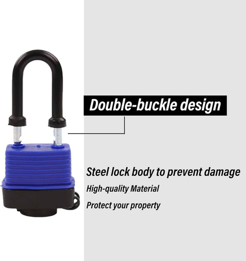 Built-Tough Outdoor Padlock 44mm 1.75 Inch Keyed-Alike with steel body and extra long shackle, shown with double-buckle design.