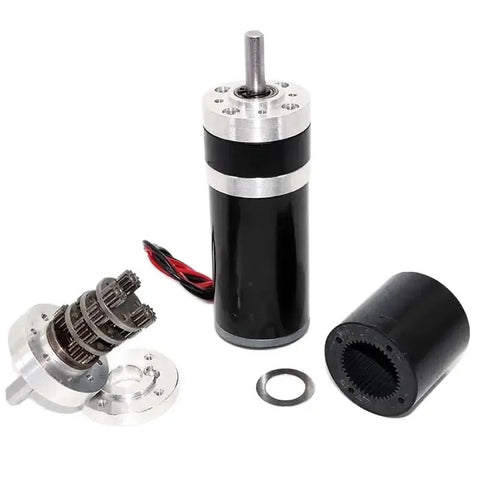 Compact Planetary Gear Motor 12V 24V DC With 32MM Speed Reducer visible with gears and solid mounting brackets.