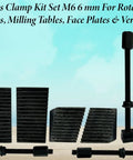 24 Piece Clamp Kit Set M6 6mm for Rotary Tables Milling Tables Face Plates and Vertical Slides arranged on a table.