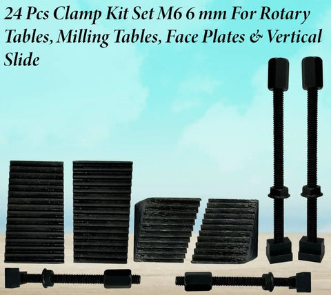 24 Piece Clamp Kit Set M6 6mm for Rotary Tables Milling Tables Face Plates and Vertical Slides arranged on a table.