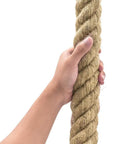 Hand holding All Natural Jute Rope 1 Inch By 48 Feet 4 Strand Twisted Hemp Rope For Crafts Macrame DIY Home Decor Cat Scratching