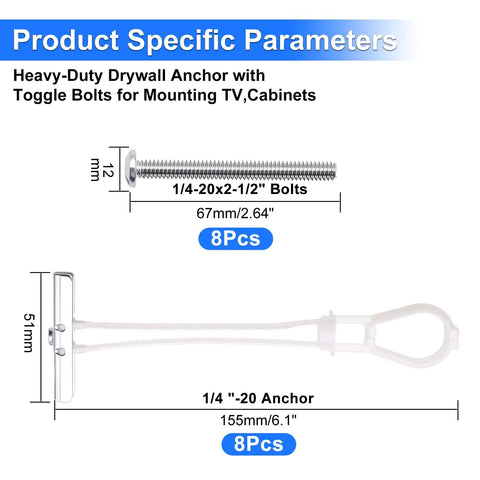8Pack Heavy Duty Drywall Anchors Kit With One Fourth Twenty Toggle Bolts For Drywall And Hollow Walls Ideal For Mounting TVs And Cabinets Delivers Rock Solid Hold And Easy Install For Secure Hangs. 1/4-20 bolt and toggle anchor with 8pcs