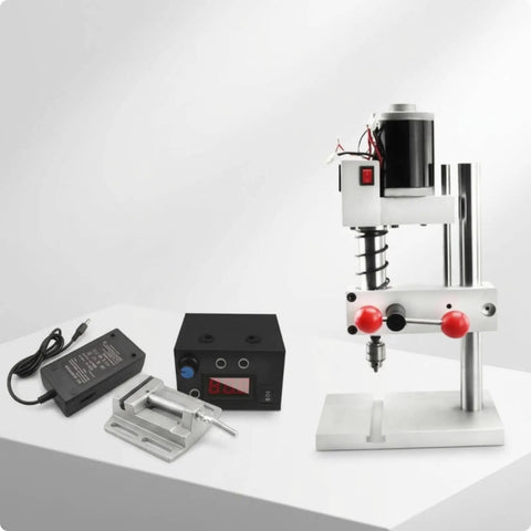 FytStycale Mini Bench Drill Press Heavy Metal Body Rectangular Base With Jt0 Chuck Flat Vise Power Supply Speed Controller, components displayed.