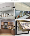 Workhorse Space Saving Translational Lift Up Hinge in kitchen pantry cabinets and wall display, smooth quiet operation visible.