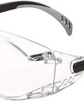OTG Safety Glasses That Go Over Your Specs, clear lens, one-piece polycarbonate build, black temple tips, lightweight, indoor use.
