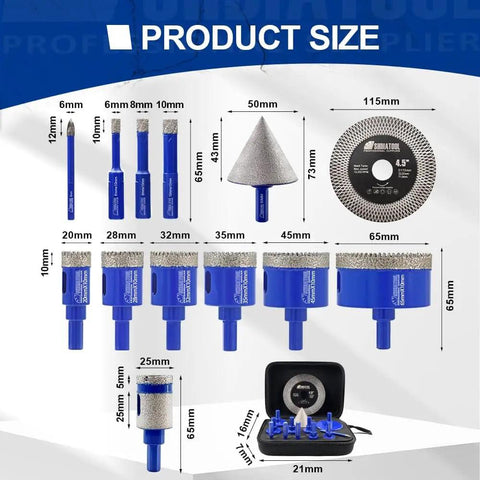 Diamond Drill Bits Kit For Tile And Stone Core Bits Hole Saw Set With Mold Guide and Hollow EVA Jig, 13-Piece Set display