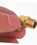 Close-up of brass 90-degree fitting from 60-Piece Grease Fitting Assortment Kit With 1/4-28 SAE-LT Copper Threaded Lubrication Nozzles.