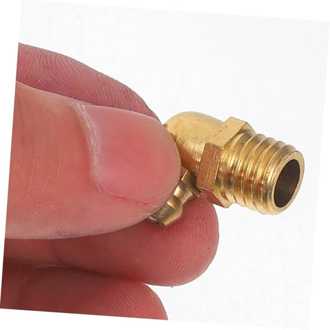 Close-up of brass 90-degree fitting from 60-Piece Grease Fitting Assortment Kit With 1/4-28 SAE-LT Copper Threaded Lubrication Nozzles.