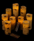 Birch Effect Flameless Wax Pillar Candles Set Of 9 LED Battery Operated Pillars with remote and timers in warm glow