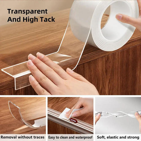 Clear Edge Protector Strip For Baby Proofing 32.8ft shown in use on furniture edge, demonstrating easy application and transparency.