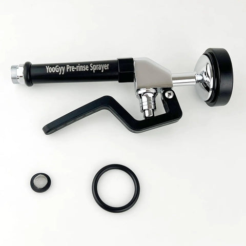 Commercial Sink Sprayer Replacement Kit With Handle Grip, pre-rinse faucet spray, black, brass, rust-resistant, top view.