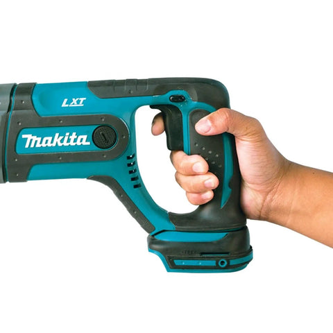 Close-up of hand holding 18V LXT Cordless Rotary Hammer With SDS Plus Bit Compatibility, 3 Mode Operation Including Rotation Only, Hammering With Rotation, And Hammering Only, 0 to 1200 RPM, 0 to 4000 BPM, Tool Only, Renewed.