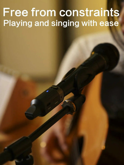 Aroma Wireless XLR Transmitter and Receiver Set for Pro UHF Microphone System attached to a dynamic mic on stage.