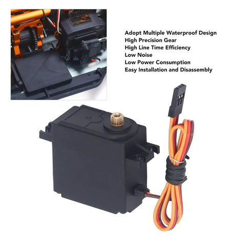 Heavy Duty RC Servo Motor With Copper Gears And Rock Solid Plastic Housing For ZD Racing Dbx07 1/7 Scale RC Cars, showing waterproof black casing and copper gear.