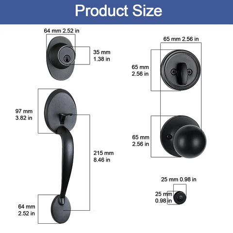 Two Pack Iron Black Front Double Door Handleset With Knob And Single Cylinder Deadbolt Keyed Entry Plus Dummy Non Lock Handle for Double Doors French Doors Or Living Room Use with dimensions.