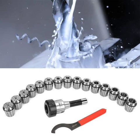 R8 ER-40 Collet Chuck Set With 15 ER40 Collets And Spanner For Milling And Drilling Machines displayed with metalwork close-up