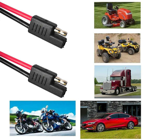 2 Pin Quick Disconnect SAE Wire Harness Connector With 12 Inch 12 Gauge Cable For 12V Systems, shown with vehicles and equipment