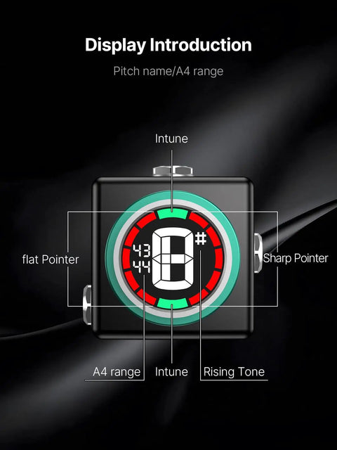 Guitar Tuner Pedal With Ultra Precise Plus Or Minus 0.5 Cent Tuning, Mini LED Display showing pitch name and A4 range.