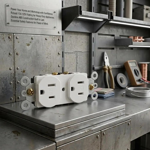 Gotta Have Slick And Smooth Nema 5 To 15R Dual Receptacle Outlet 15A 125V mounted on a workbench, showcasing sturdy ABS design.