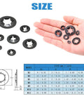 Internal-tooth starlock push-on locking washers set, 280 pcs, black; assorted sizes shown in hand and on size chart