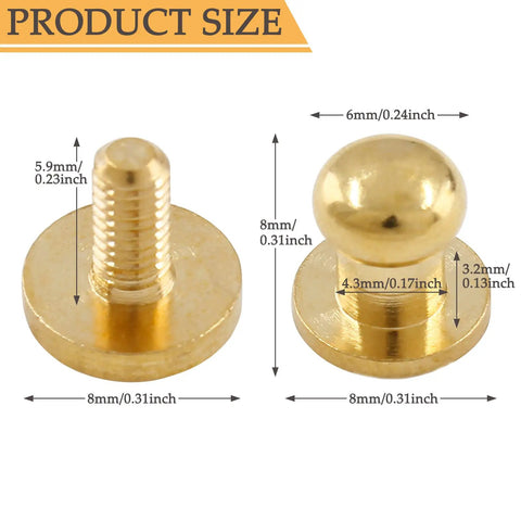 Slick Gold Brass Chicago Screws Combined With Round Head Button Studs For Rock Solid Hardware Fittings And Handymen Diy Fixes In A Sweet Fifteen Pack That Truly Delivers Bang For Your Buck On Daily Tasks, displaying dimensions.