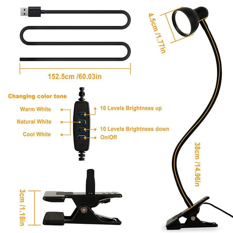 Clip-On Reading Light With Eye Care, 3 Color Modes And 10 Dimmable Levels, Flexible Gooseneck Desk Lamp with dimensions and clamp