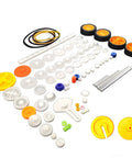82 Piece Plastic Gear Kit for DIY Toy Cars and Robots with gears, pulleys, axles, and rubber bands for custom projects