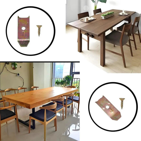 Heavy Duty Table Leaf Leveler Locks With 12 Carbon Steel Screws And Grip Tight Dowel Pin Latches For Extension Tables Cabinet Hardware displayed with a wooden dining table.