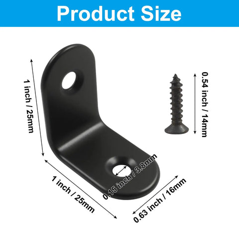 Heavy Duty Black 12 Pack Of 1 Inch Stainless Steel L Brackets With Screws Straight Up Solid Woodworking Corner Supports Built Different For DIY And Furniture Buildouts size display with one bracket and screw.