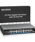24 Port Gigabit PoE Switch With 300W Budget, 24 PoE Plus Ports, front view with packaging