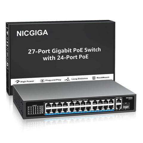 24 Port Gigabit PoE Switch With 300W Budget, 24 PoE Plus Ports, front view with packaging