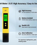 Portable PH Meter For Water With 0.01 Accuracy, 30 Second Quick Readings, Beefy Backlit Display, shown with features.