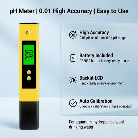 Portable PH Meter For Water With 0.01 Accuracy, 30 Second Quick Readings, Beefy Backlit Display, shown with features.
