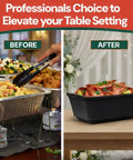 Image showing before and after using Slip On Chafer Wind Guard Cover For Full Size Wire Racks. Before: exposed dishes, after: protected shrimp dish on black cover.