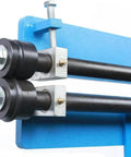 Close-up of Pro Grade Hand Crank Bead Roller Kit with 6 dies set, showing heavy duty steel rollers and clamps on blue frame.