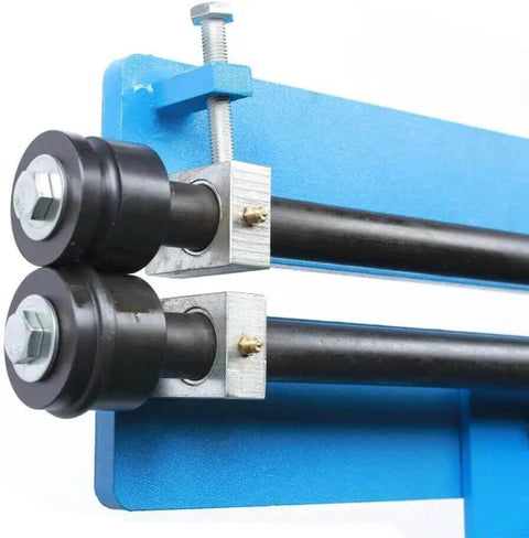 Close-up of Pro Grade Hand Crank Bead Roller Kit with 6 dies set, showing heavy duty steel rollers and clamps on blue frame.
