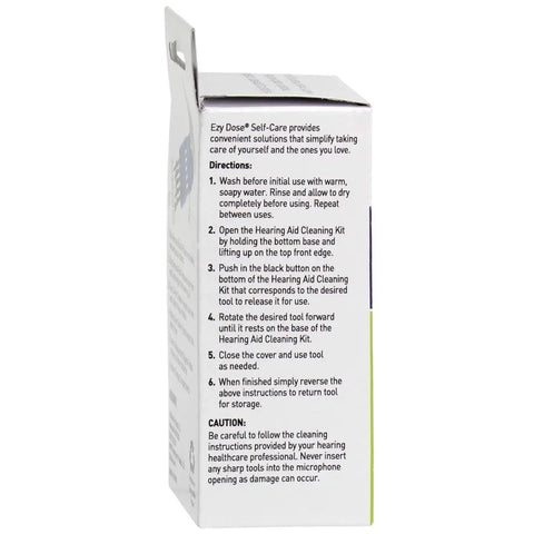 Side of packaging with instructions for 5 In 1 Hearing Aid Cleaning Kit For Home Or Travel No Fuss Easy Grip 5 Piece Tools Set In A Tiny BPA Free Case
