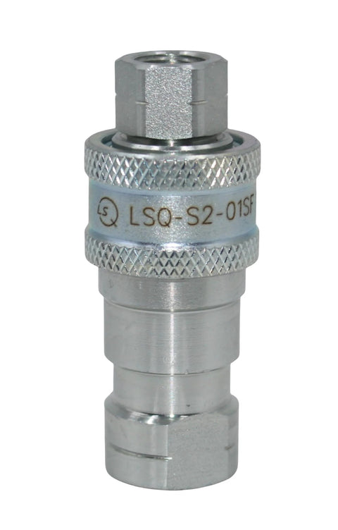 LSQ hydraulic quick-connect coupling, 1/8'' NPT, metal with knurled collar — close-up view