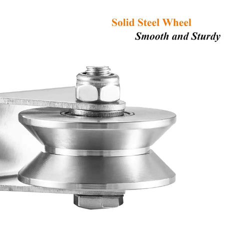 Close-up of V Groove Gate Roller For Heavy Duty Sliding Gates With Double Bearings Stainless Steel Wheel And Solid Bracket