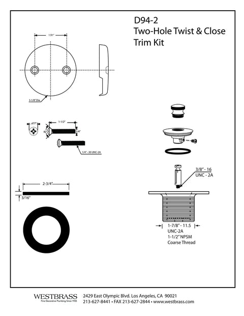 Matte Black Tub Drain Kit With Coarse Threads And Twist Close Plug Plus Two Hole Overflow Faceplate technical drawing dimensions.